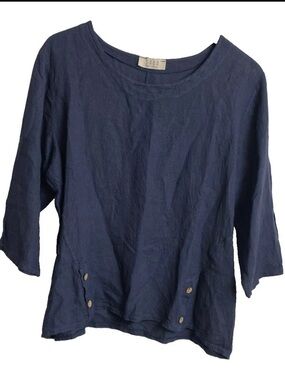 Saga Made in Italy Blue Linen Top Button Detail One Size Lagenlook  3/4 Sleeves